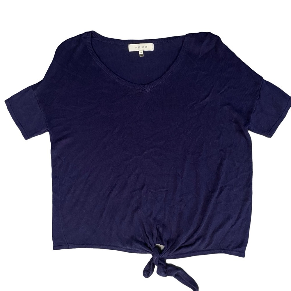John + Jenn Navy Blue Knit Tie Front Short Sleeve Sweater Top Size Small
